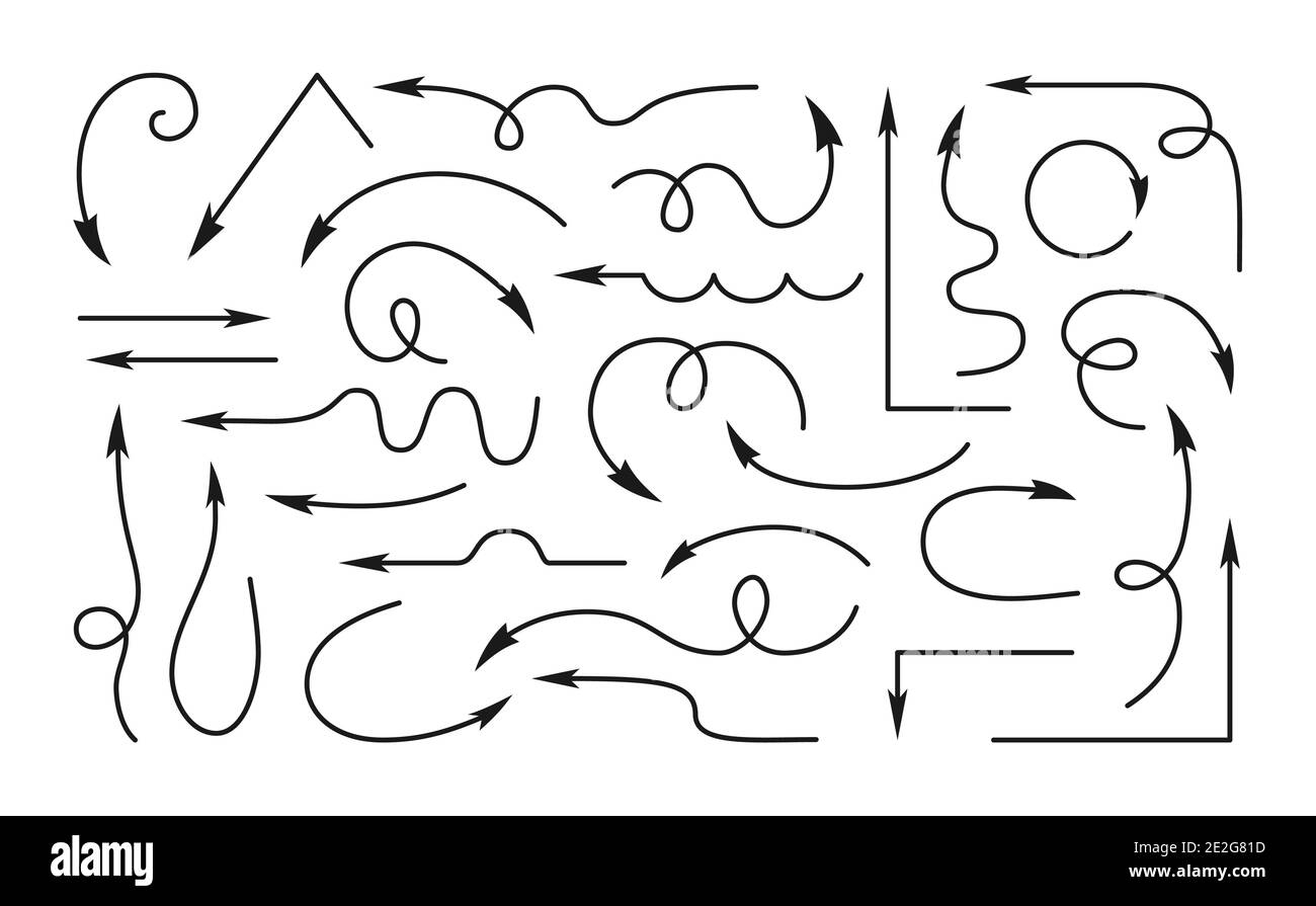 Tracciare il set di disegni a mano con frecce nere. Raccolta di puntatore a linea con diverse direzioni. Vari curvi, arcuati artistico irregolare forme cursore freccia. Elementi di progettazione del segnale vettoriale Illustrazione Vettoriale