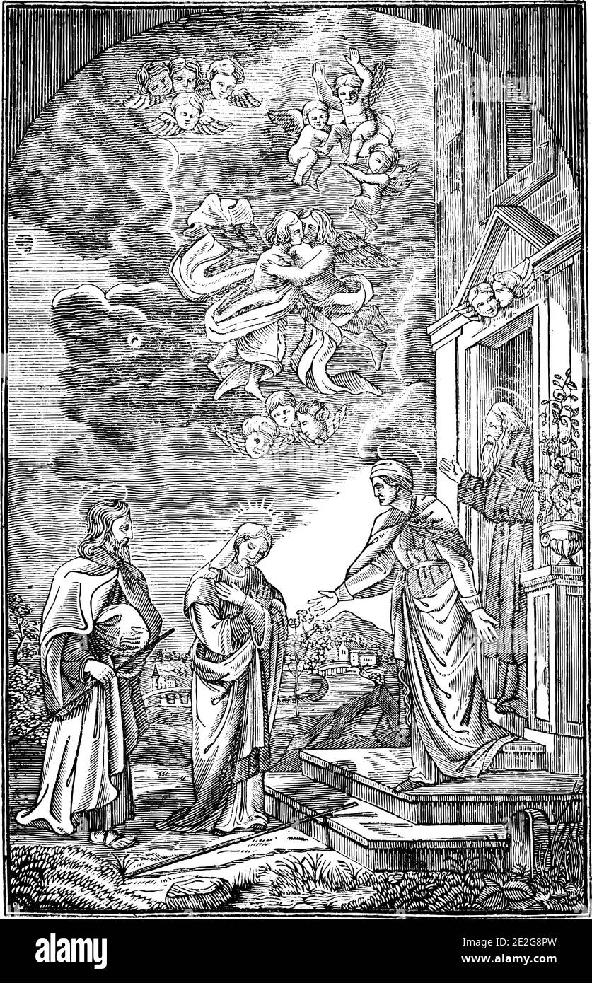 I santi viaggiatori cristiani sono accolti in casa di dio. Incisione vintage o disegno a linee. Illustrazione Vettoriale