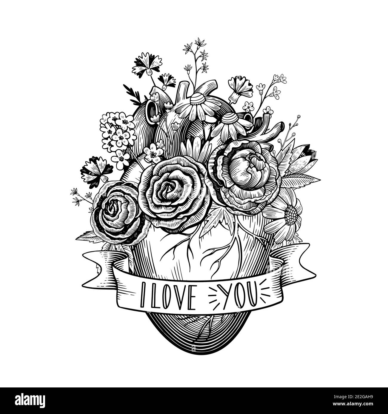 Illustrazione d'epoca del cuore con fiori e nastro in stile tatuaggio. Disegno vettoriale in bianco e nero. Illustrazione Vettoriale