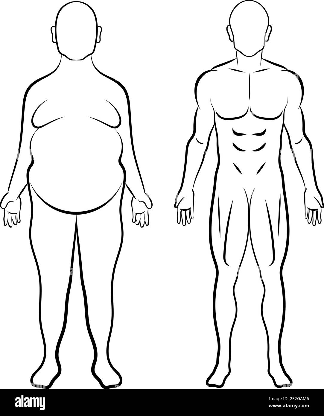 trasformazione uomo/allestitore in sovrappeso prima dello schizzo di confronto dopo le modifiche vettore lineart Illustrazione Vettoriale