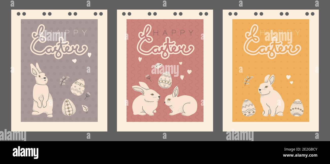 Cartoline d'epoca Buona Pasqua. Coniglietto pasquale, uova ed elementi. EPS vettoriale 10. Illustrazione Vettoriale