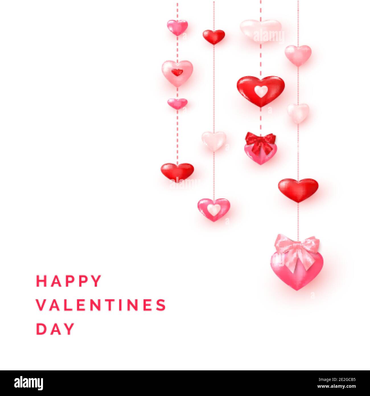 Modello biglietto di auguri per San Valentino`s giorno. Valentine card decorati con cuori rossi e rosa brillanti. Vettore Illustrazione Vettoriale
