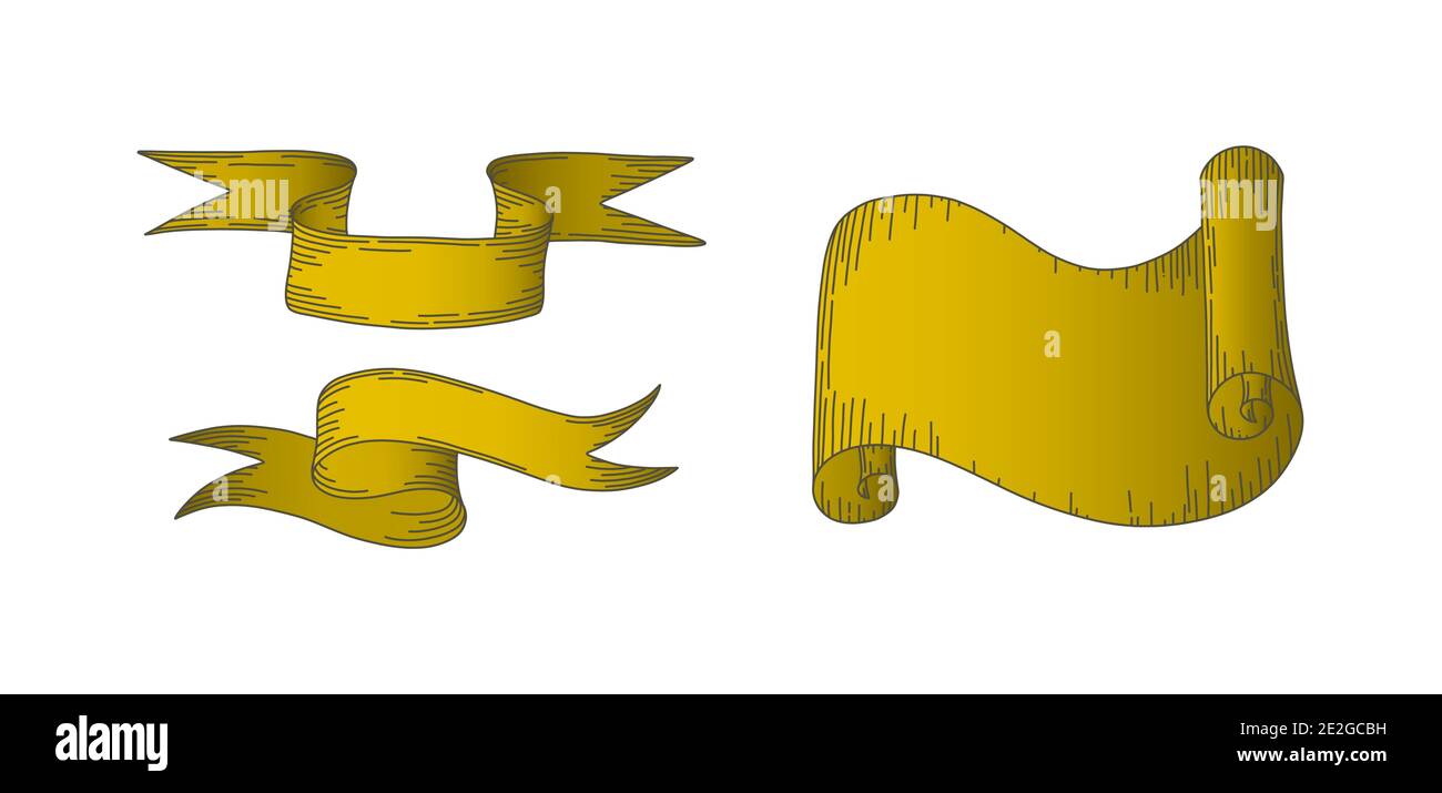 Pergamena scorre e srime. Set di frammenti di carta orizzontali e nastri isolati su sfondo bianco. Illustrazione vettoriale in stile doodle Illustrazione Vettoriale