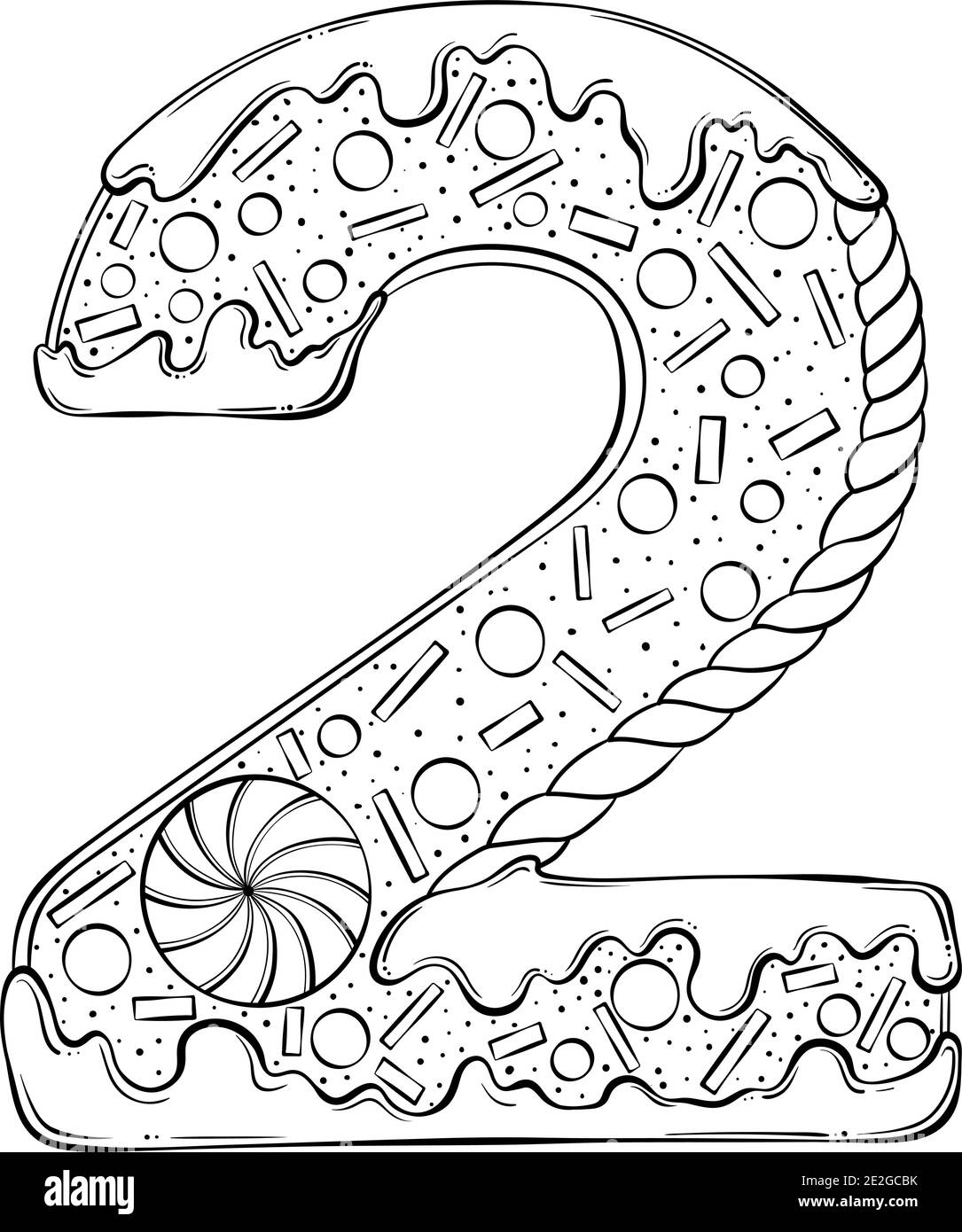 Numero di serie 2. Biscotti di pan di zenzero nella forma del numero due. Font vettoriale cartoon in stile grafico a linee disegnate a mano isolato su sfondo bianco. Modello con logo per lettere. Disegno di libro di colorazione. Illustrazione Vettoriale