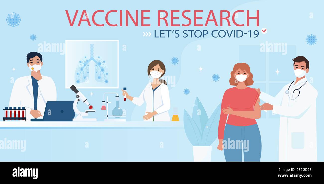Arresto covid-19. Gli scienziati stanno ricercando un nuovo virus e testando il vaccino su volontari. Illustrazione Vettoriale