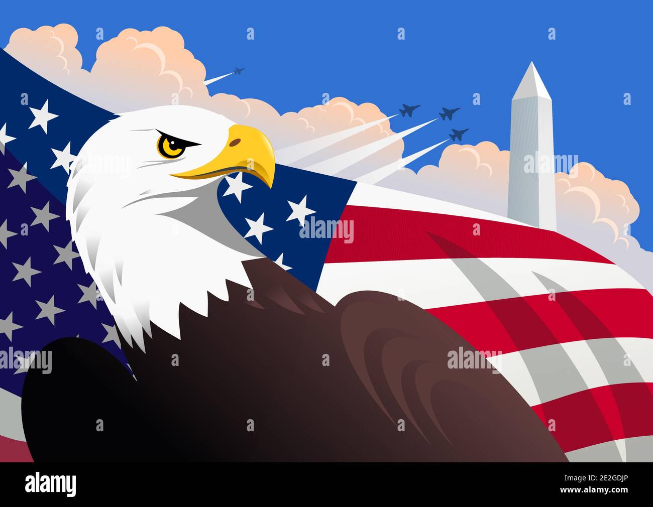 Simbolico illustrazione patriottica americana con l'aquila calva, la bandiera degli Stati Uniti, il monumento di Washington, e aerei militari che volano nel cielo Illustrazione Vettoriale