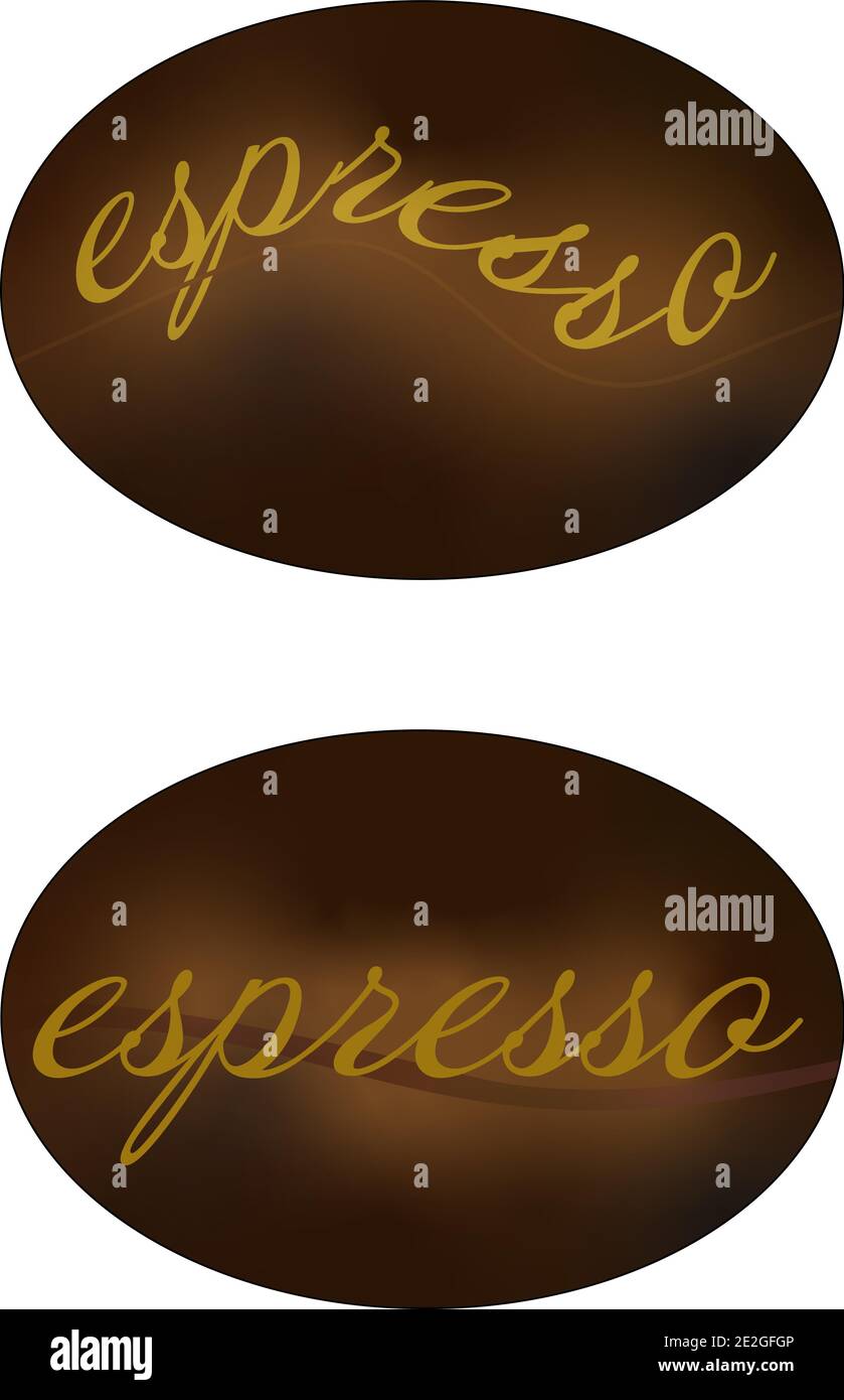 Logo del set di chicchi di caffè su sfondo bianco. Etichetta di testo dell'espresso sul caffè in grani marrone. Disegno creativo dell'illustrazione vettoriale Illustrazione Vettoriale