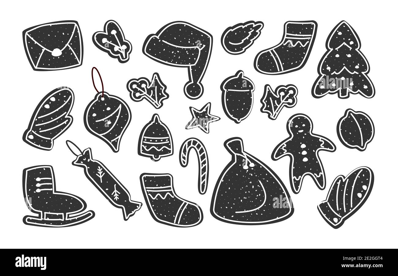 Biscotti di pan di zenzero insieme di modello di glifo di natale. Dessert invernale. Decorazioni tradizionali con vetri. Pasticceria come simbolo Capodanno vacanze. Delizioso spuntino festivo. Isolato su illustrazione vettoriale bianca Illustrazione Vettoriale