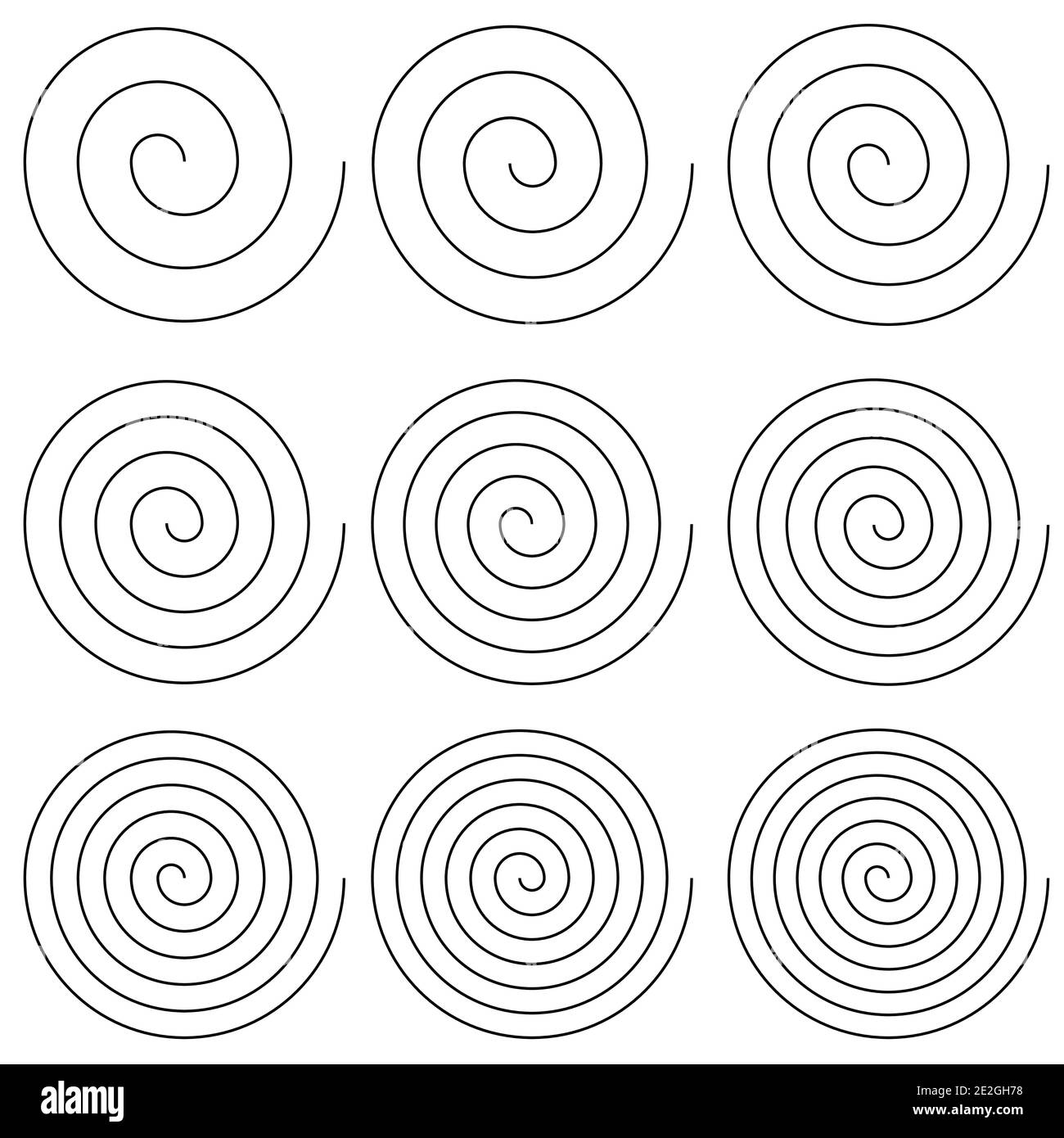 Serie di spirali con diversi numeri di giri di scorrimento, vettore semplice spirale elicoidale rotonde girate girano Illustrazione Vettoriale