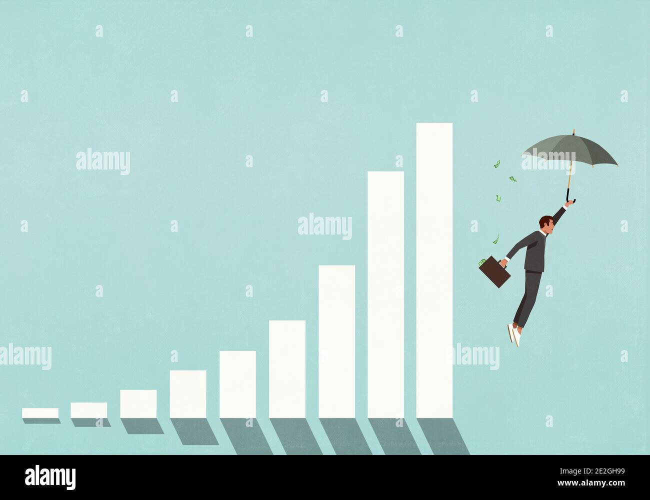 Investitore maschile con borsa portadocumenti e ombrello che cadono dal grafico Foto Stock