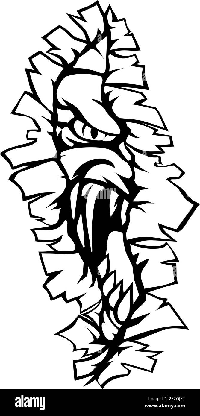 Mostro strappando UNA lacuna attraverso lo sfondo Illustrazione Vettoriale