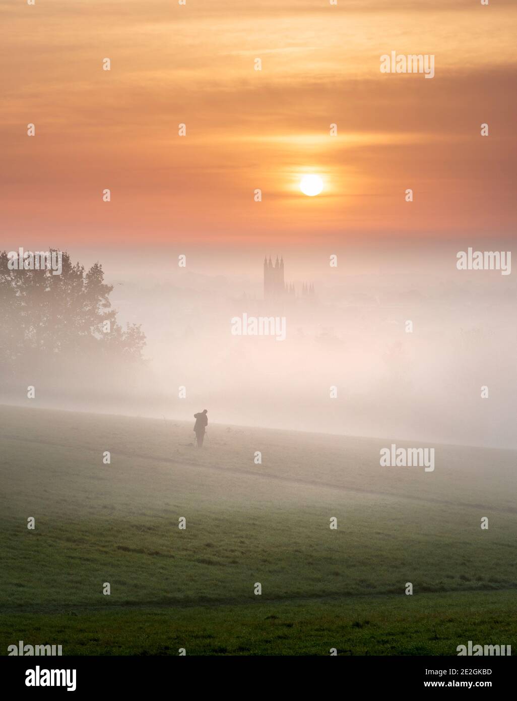 Punto panoramico che si affaccia sulla città di Canterbury e sulla cattedrale di Canterbury all'alba. Foto Stock