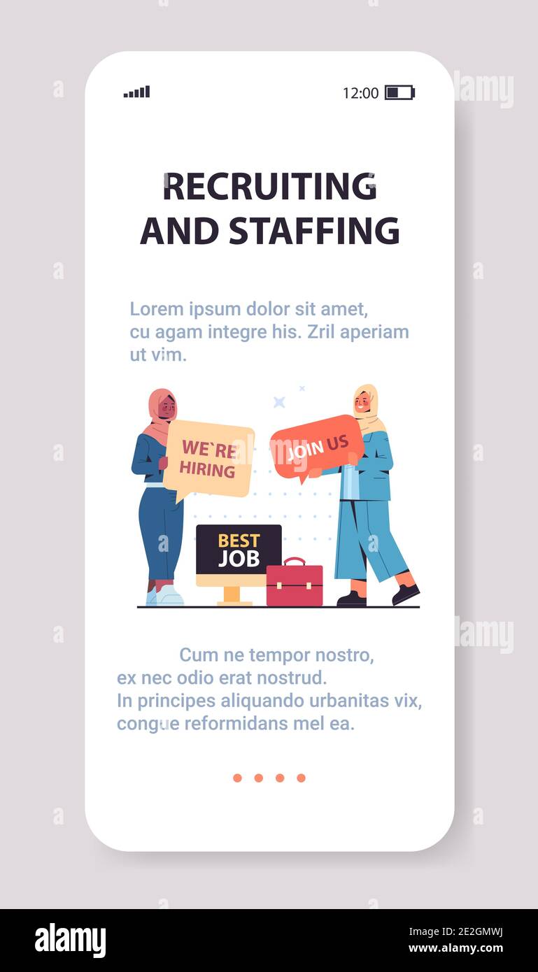 donne arabe manager hr che detengono che stiamo assumendo unirsi a noi poster posti vacanti aperto reclutamento risorse umane concetto smartphone schermo verticale illustrazione vettoriale spazio di copia a lunghezza intera Illustrazione Vettoriale