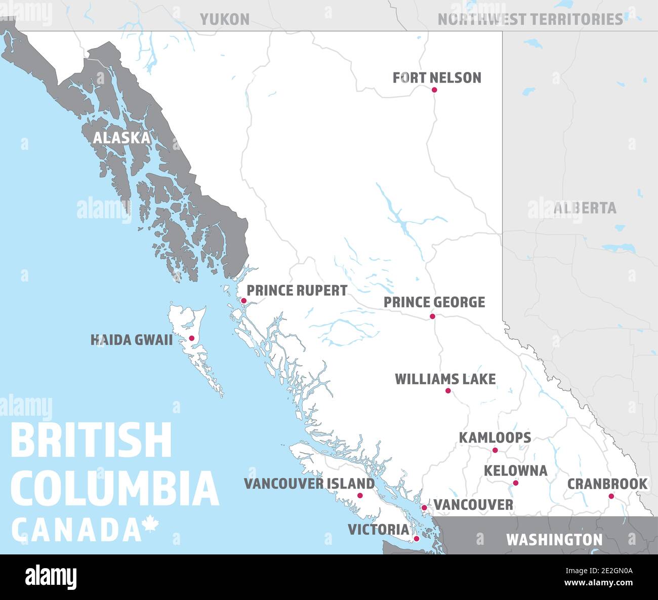 Mappa della Columbia Britannica, Canada. Semplice mappa turistica BC con città di destinazione, autostrade, laghi e province canadesi circostanti. Illustrazione Vettoriale