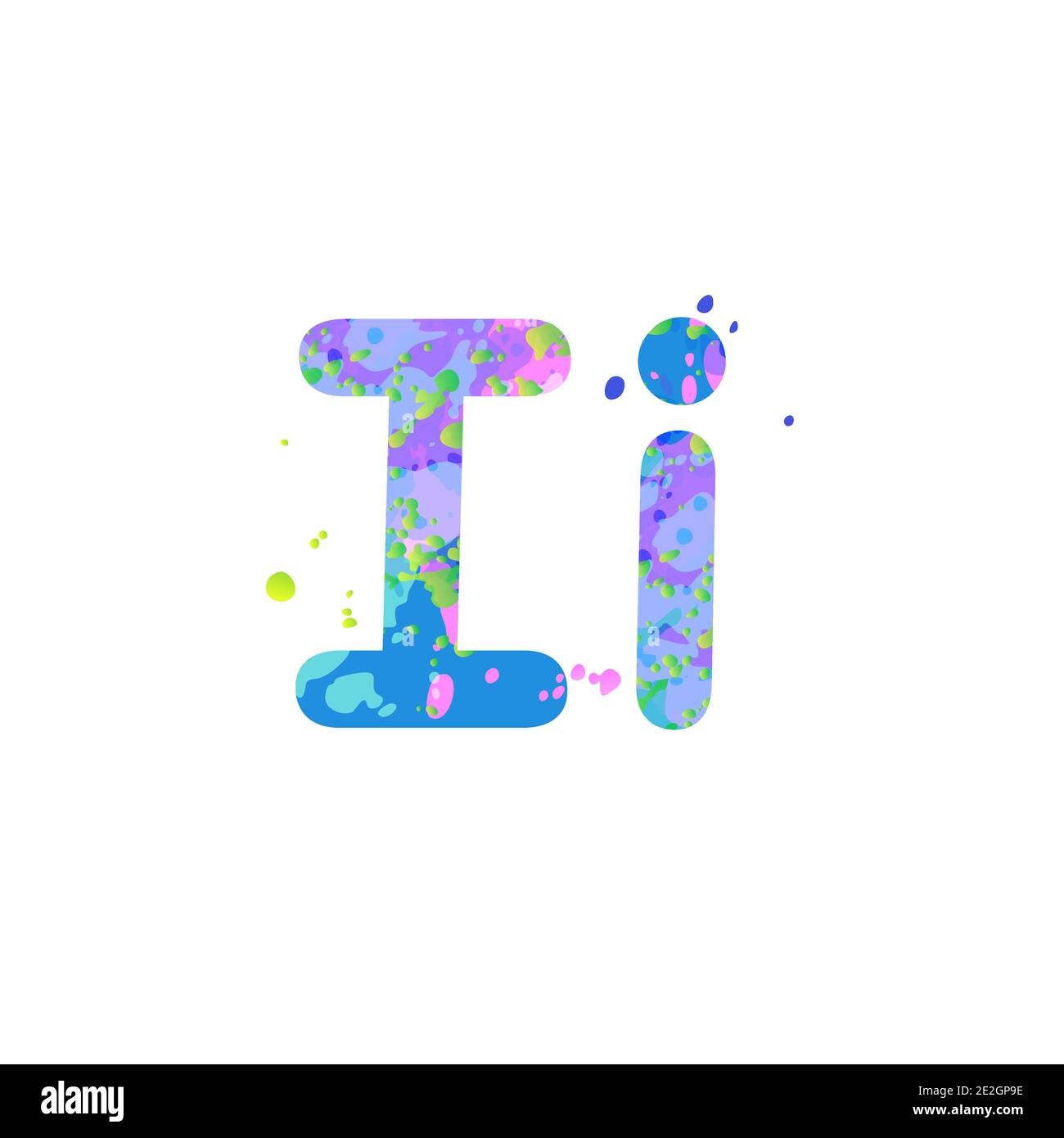 Lettere i maiuscola e minuscola con effetto di macchie liquide di vernice in blu, verde, rosa, isolato su sfondo bianco. Elemento decorativo per la progettazione di volantini, poster, copertina, titolo. Vettore Illustrazione Vettoriale