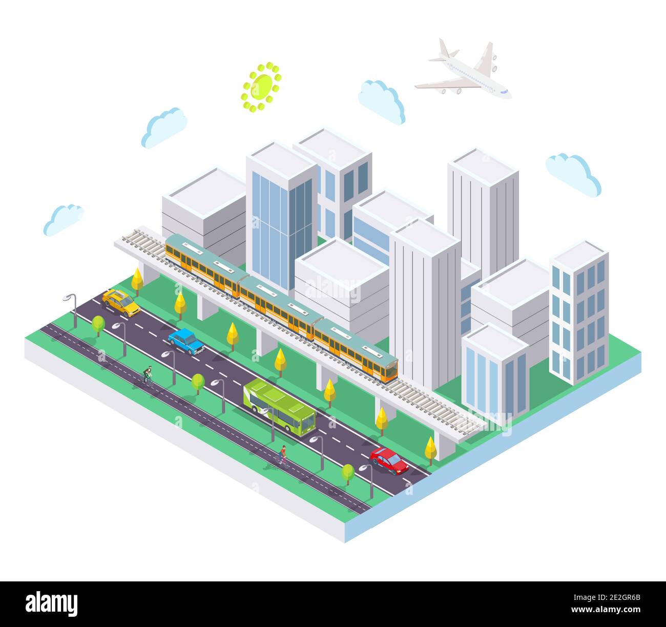 Città isometrica con trasporto pubblico, illustrazione vettoriale piatta. Taxi auto, autobus, treno rapido della metropolitana. Illustrazione Vettoriale
