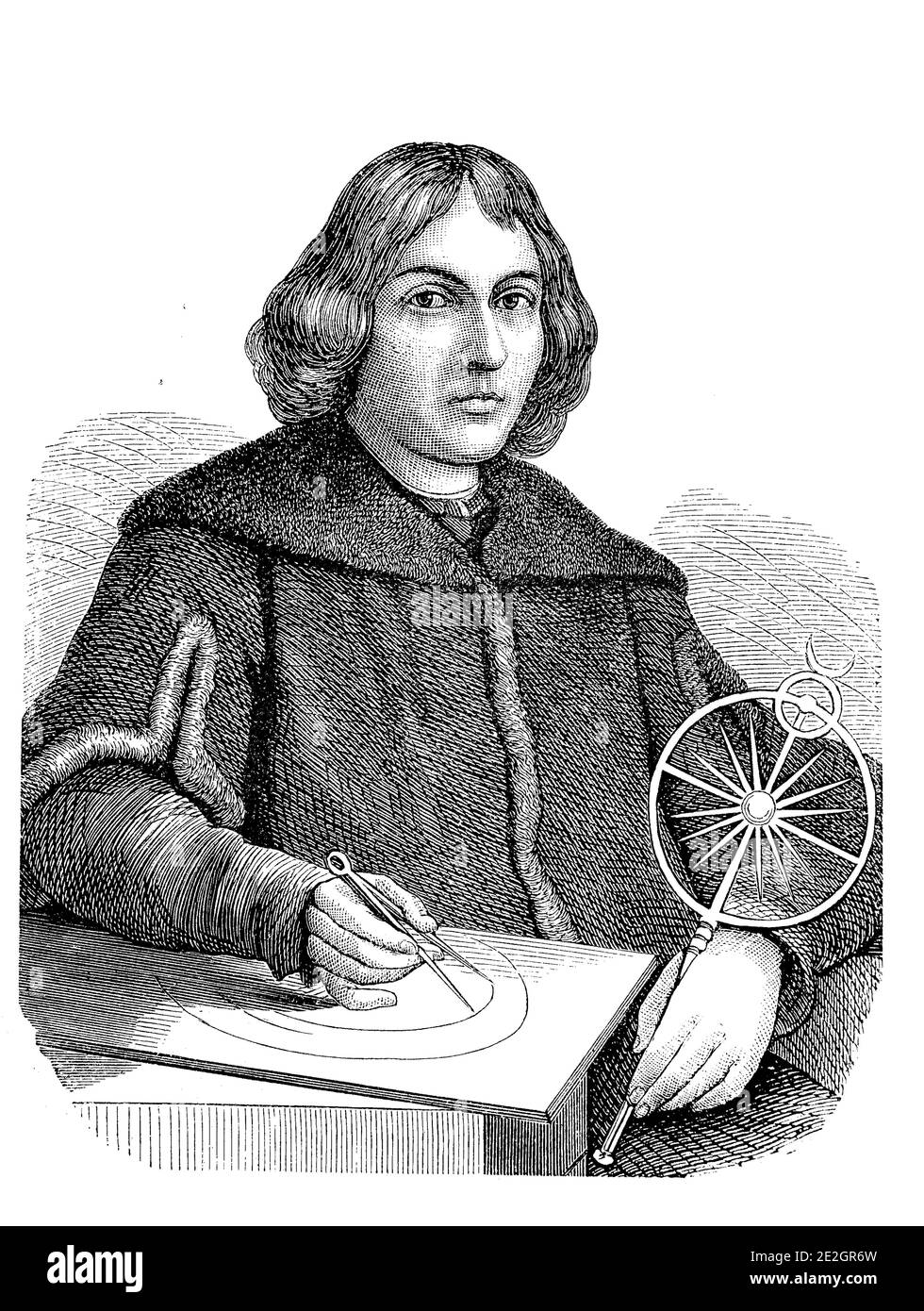 Nicolaus Copernico, 19 febbraio 1473 - 24 maggio 1543, Niklas Koppernigk, Nicolaus Copernico, canonico del principe-vescovado di Warmia in Prussia, nonché astronomo e medico / Nikolaus Kopernikus, 19. Febbraio 1473 - 24. Maggio 1543, Niklas Koppernigk, Nicolaus Copernicus, ein Domherr des Fürstbistums Ermland in Preußen sowie Astronom und Arzt, Historisch, storico, digitale riproduzione migliorata di un originale del 19 ° secolo / digitale Reproduktion einer Originalvollage aus dem 19. Jahrhunder Foto Stock