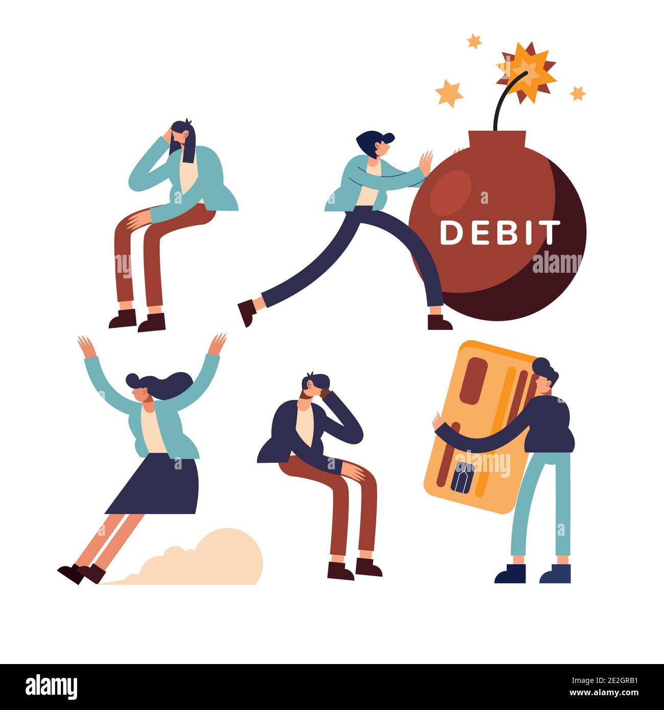 Set di icone di debito e persone di denaro finanziario business banking Commercio e mercato tema illustrazione vettoriale Illustrazione Vettoriale