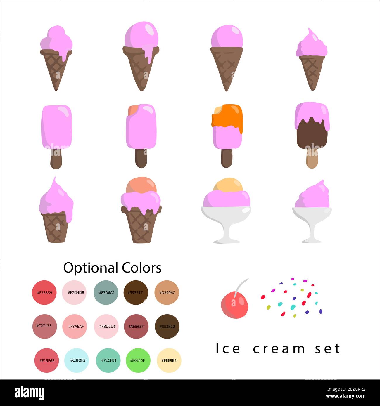 set di gelati colorati dal design piatto con codici colore opzionali isolati su sfondo bianco. Grafica e livelli modificabili separati. Illustrazione Vettoriale