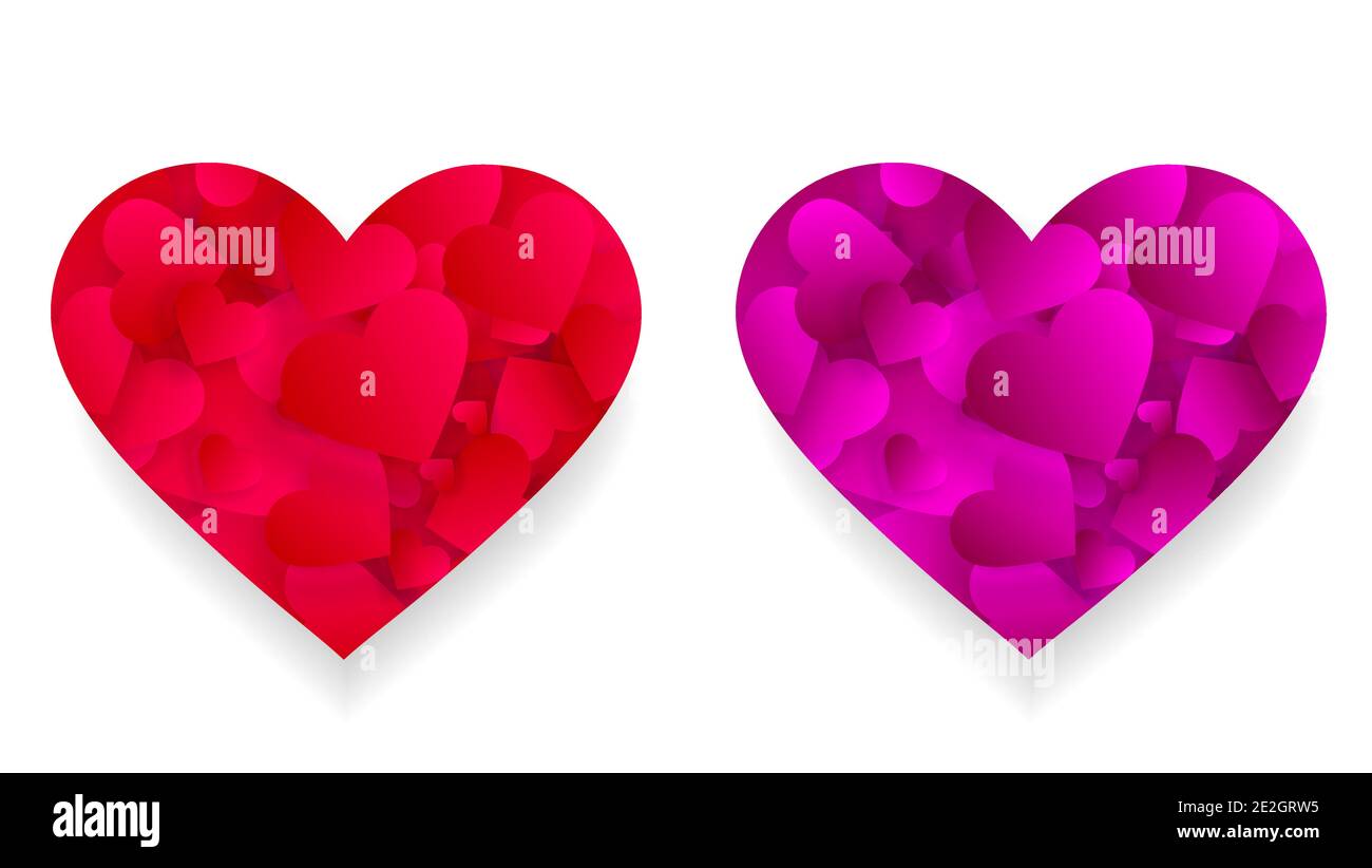 Icone del cuore rosa e rosso effetto 3d con piccoli petali del cuore all'interno di forma grande isolato su sfondo bianco. Amore, matrimonio, elementi romantici per la val Illustrazione Vettoriale