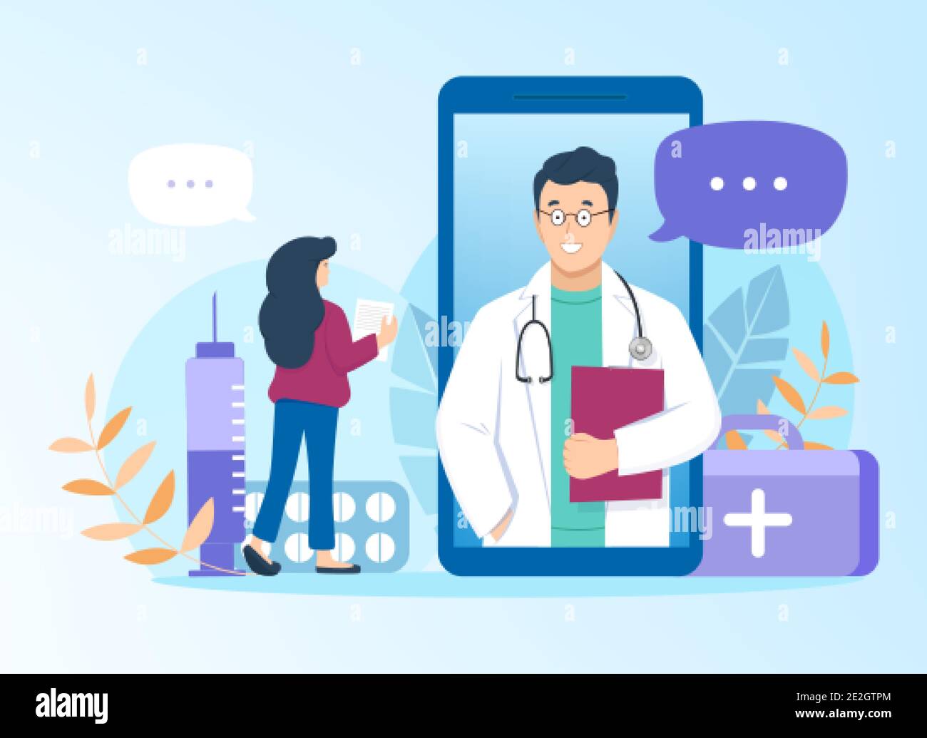 Il medico consulta il paziente online tramite l'applicazione mobile sullo smartphone. Immagine vettoriale piatta su sfondo blu. Supporto farmaceutico, telemedicina e servizi sanitari. Illustrazione Vettoriale