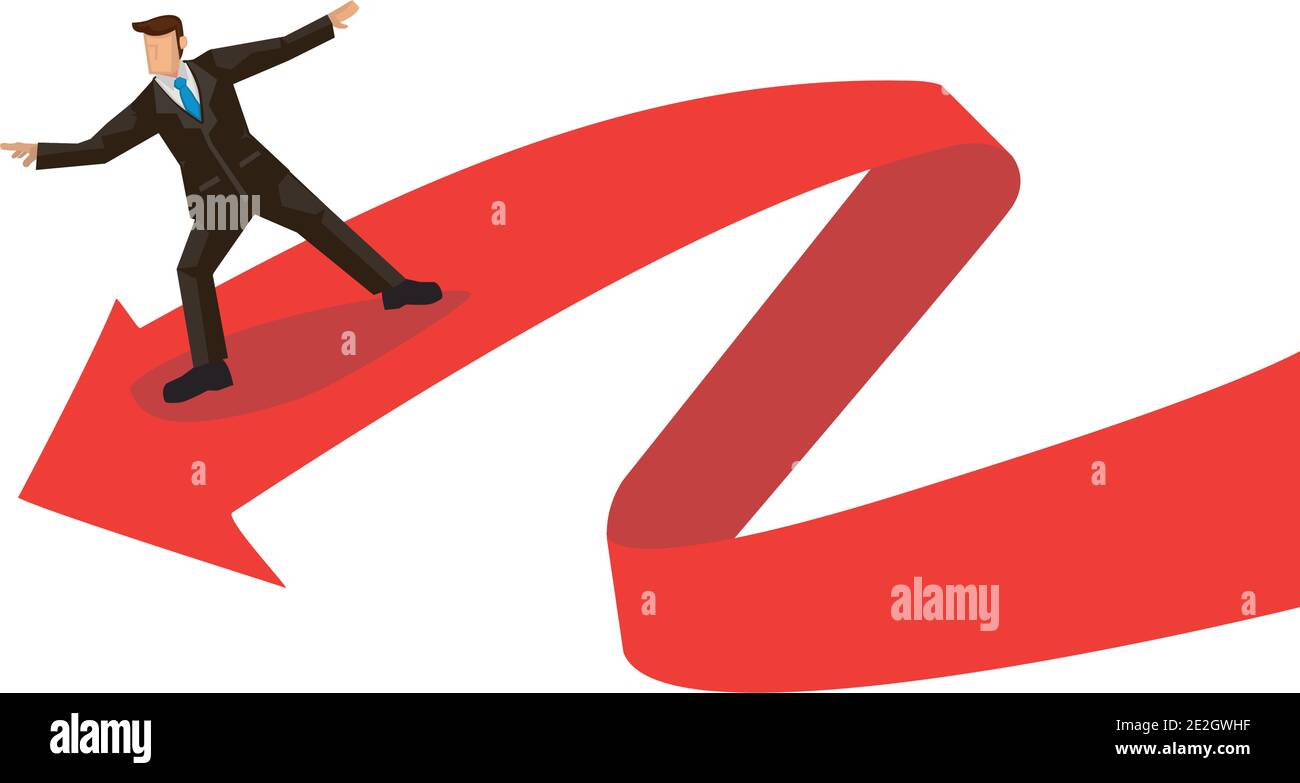 Metafora di affari di surfing dell'uomo d'affari su un'onda rossa della freccia. Concetto di esplorazione del mercato volatile della borsa finanziaria. Illustrazione vettoriale Illustrazione Vettoriale