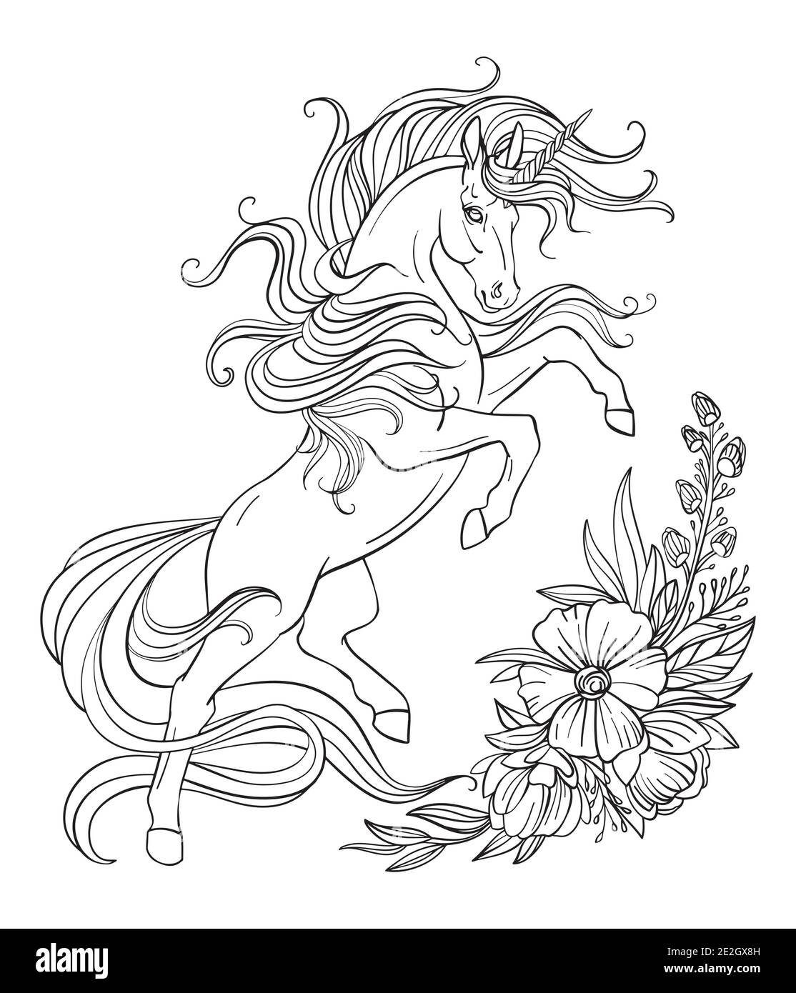 Disegno isolato arato unicorno con manie lunghe e fiori. Modello a groviglio per libro da colorare, tatuaggio, t-shirt, logo, segno. Illustratore stilizzato Illustrazione Vettoriale