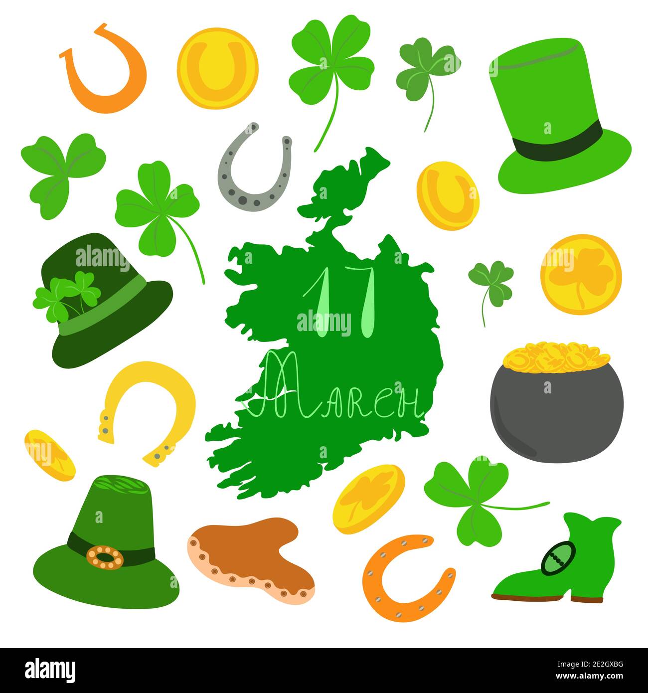 Foglie di Shamrock, moneta, mappa dell'Irlanda, cappello, scarpa da cavallo, set di illustrazioni vettoriali di cavoldron, simbolo di un'identità nazionale dell'Irlanda e delle sue vacanze primaverili, giorno di San Patrick, carino stile cartoon Illustrazione Vettoriale