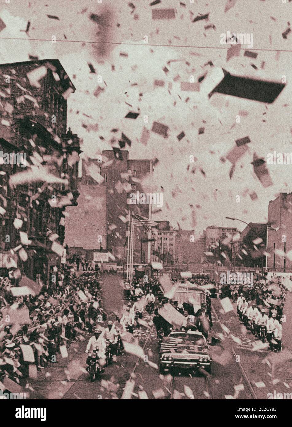 Foto d'archivio del presidente Kennedy in Germania. Blizzard di carta grattugiata dagli edifici più alti di Berlino, ma non fa altro che cancellare il parere del presidente KE Foto Stock