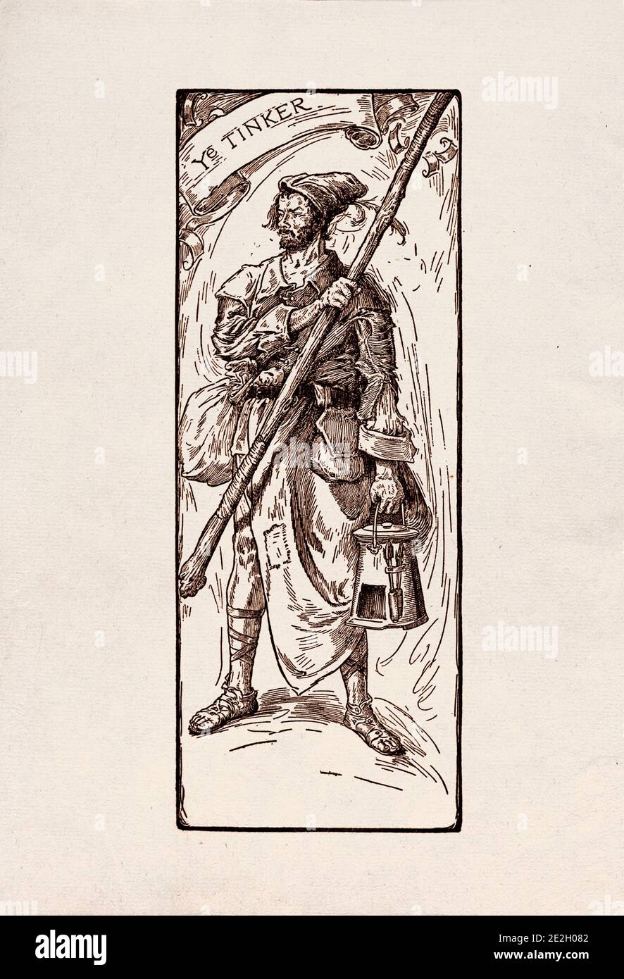 Incisione antica di personaggi letterari del folklore inglese dalle leggende di Robin Hood. Il Tinker. Di Louis Rhead. 1912 Foto Stock