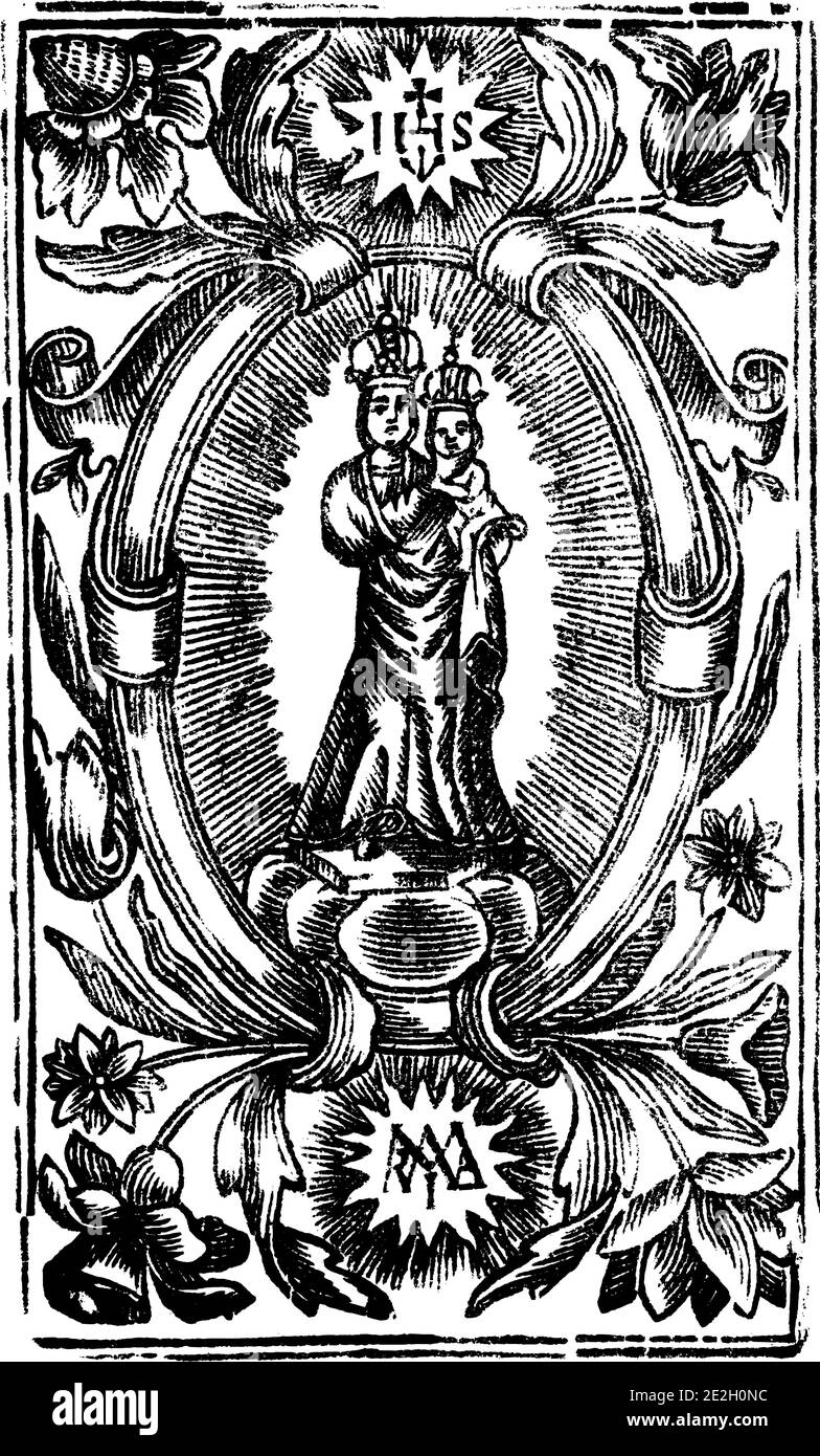 Vergine Maria che tiene il bambino Gesù. Antica incisione o disegno religioso biblico cristiano d'epoca. Illustrazione Vettoriale