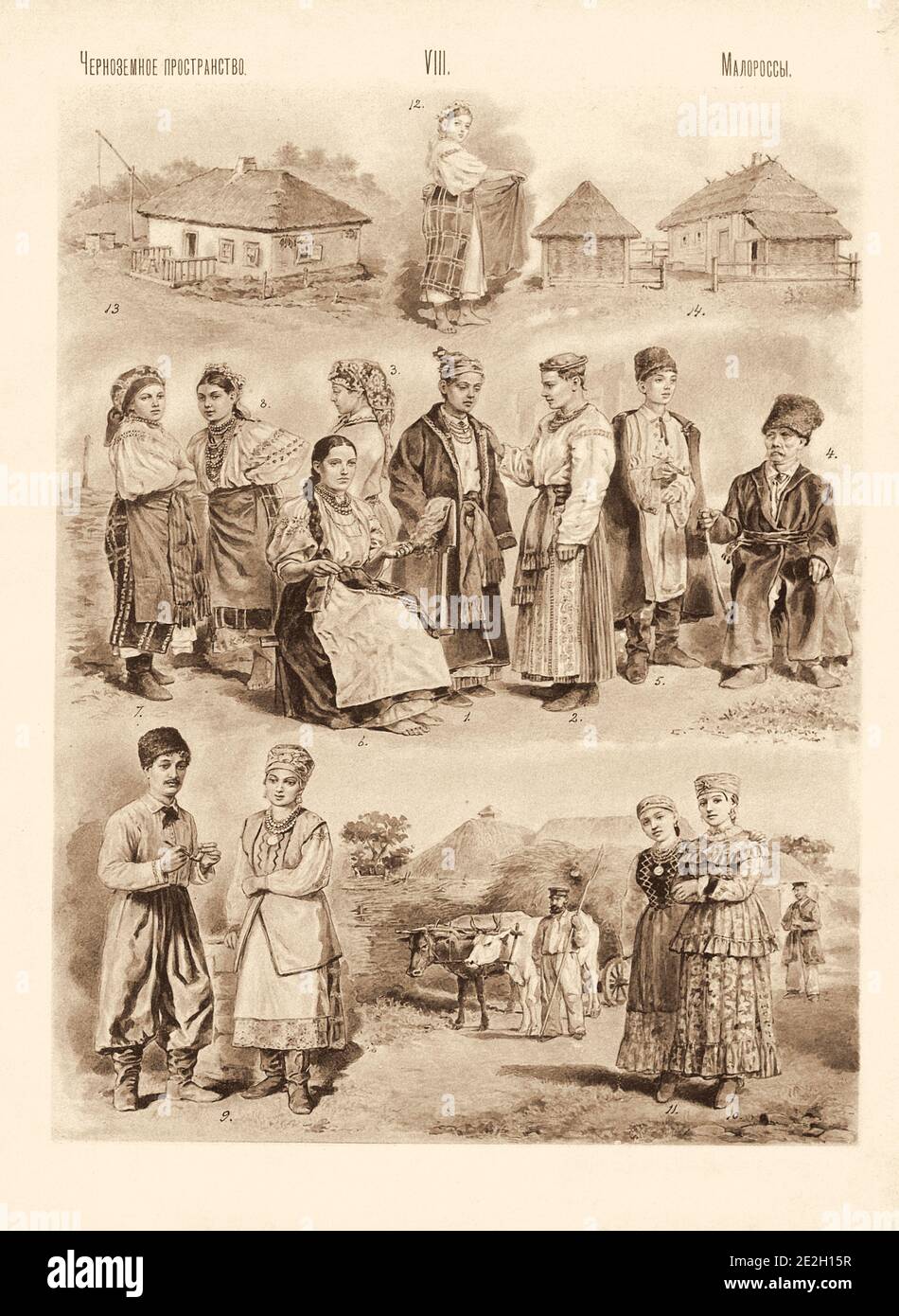 Popolo di ex impero russo. Gli ucraini. 1-5. Gli ucraini della provincia di Kiev. 6. Ragazza Poltava provincia per il filato. 7-8. Donna e bambina Poltava Foto Stock