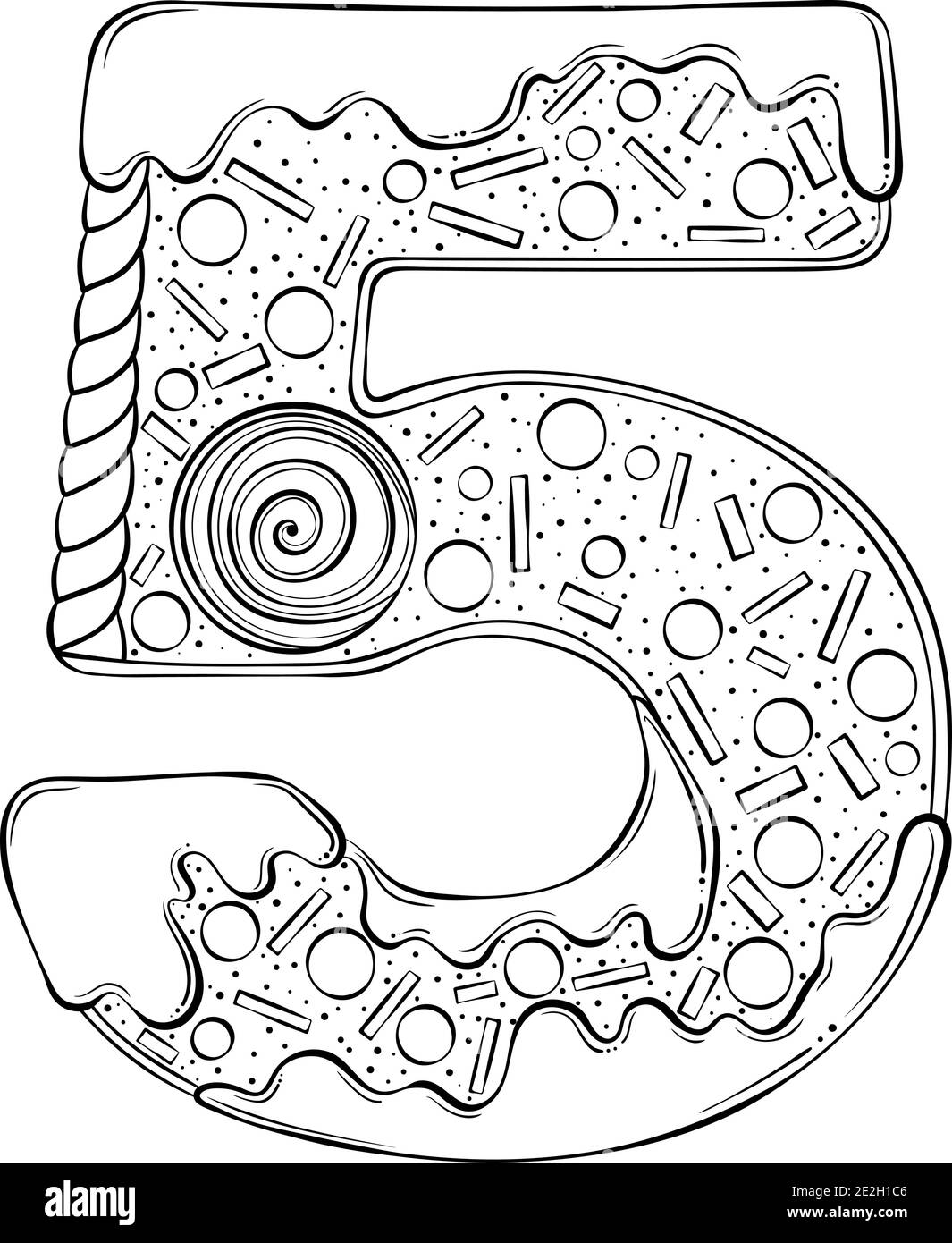 Numero di serie 5. Biscotti di pan di zenzero nella forma del numero cinque. Font vettoriale cartoon in stile grafico a linee disegnate a mano isolato su sfondo bianco. Modello con logo per lettere. Disegno di libro di colorazione. Illustrazione Vettoriale