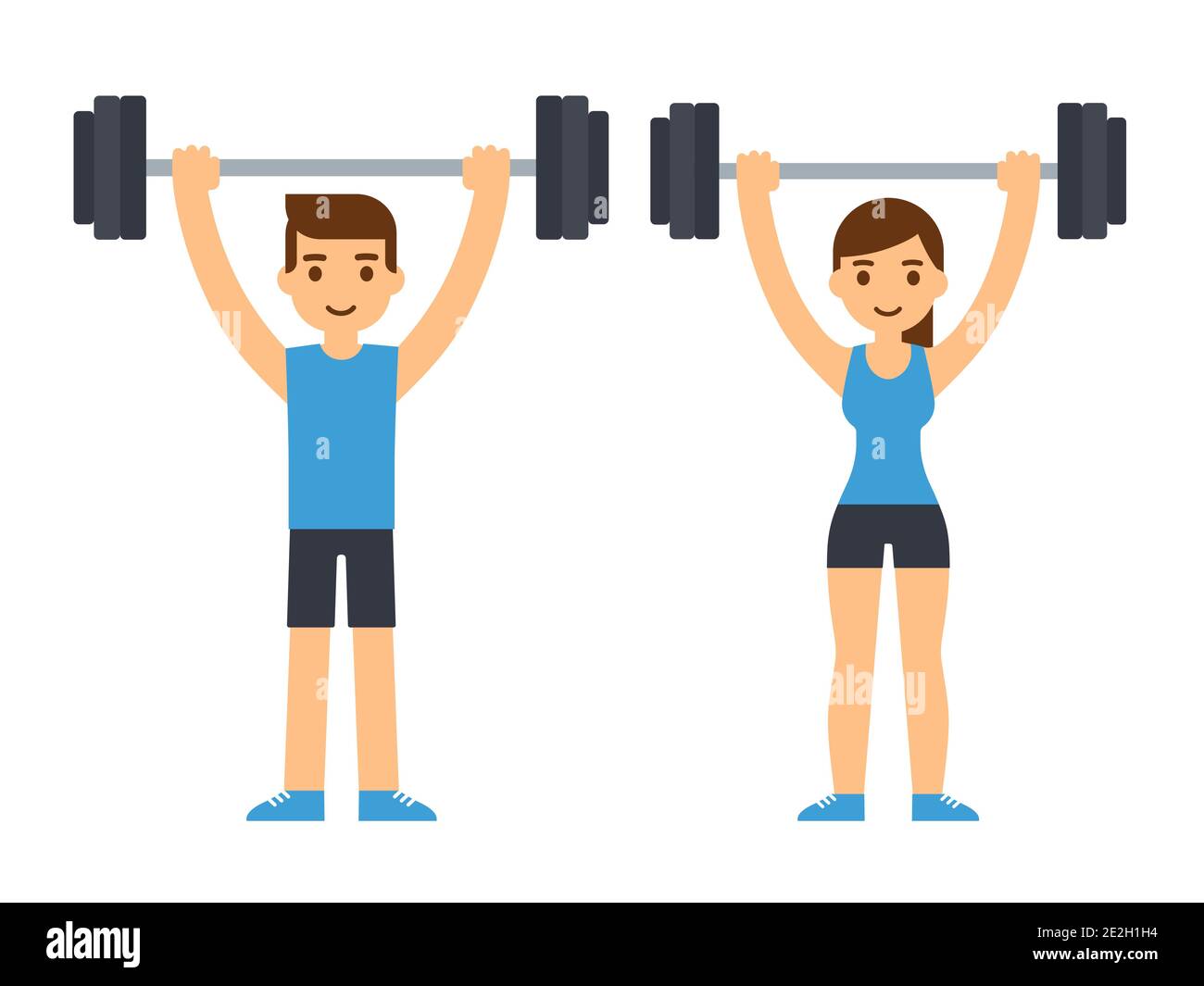Uomo e donna bodybuilders sollevamento barbell sulla testa. Illustrazione del sollevamento pesi. Clip art vettoriale cartoon stile piatto Illustrazione Vettoriale