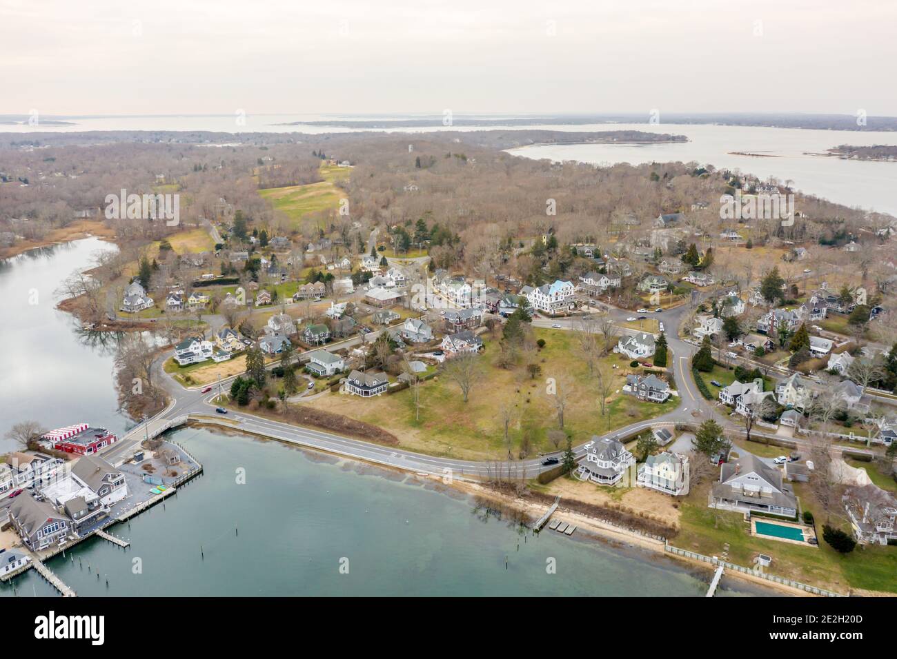 Vista aerea di Shelter Island Heights, Shelter Island, NY Foto Stock