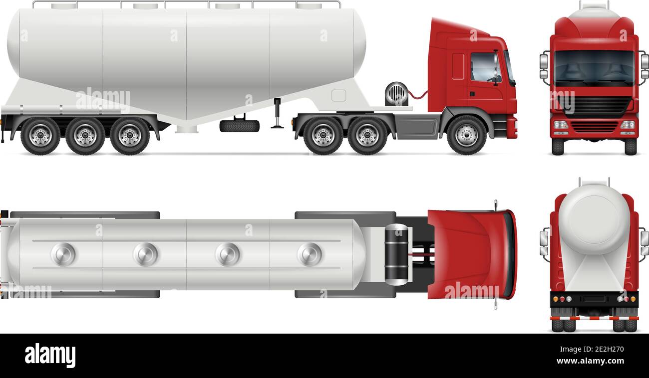 Mockup vettoriale per autocarri con autocisterna sfusa a secco su bianco per il branding dei veicoli e l'identità aziendale. Tutti gli elementi in gruppi su livelli separati Illustrazione Vettoriale
