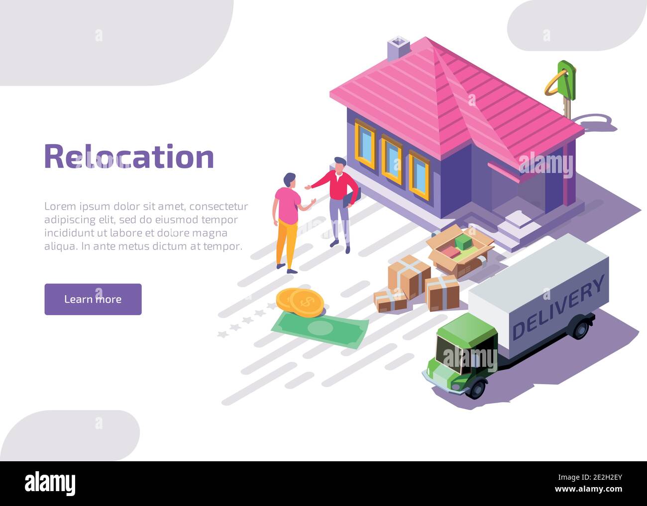 Rilocazione del banner isometrico o della landing page. Uomo in piedi vicino a casa nuova con agente immobiliare. Personaggio in movimento a casa acquistata o affittata. Il camion trasporta le scatole con le cose. Illustrazione Vettoriale