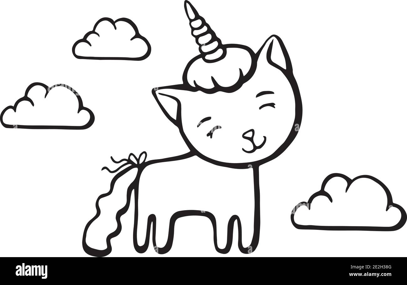 Carino gatto bianco unicorno con corno su sfondo cielo con Nubi. Illustrazione vettoriale disegnata a mano per la stampa e il ricamo di t-shirt. Illustrazione Vettoriale