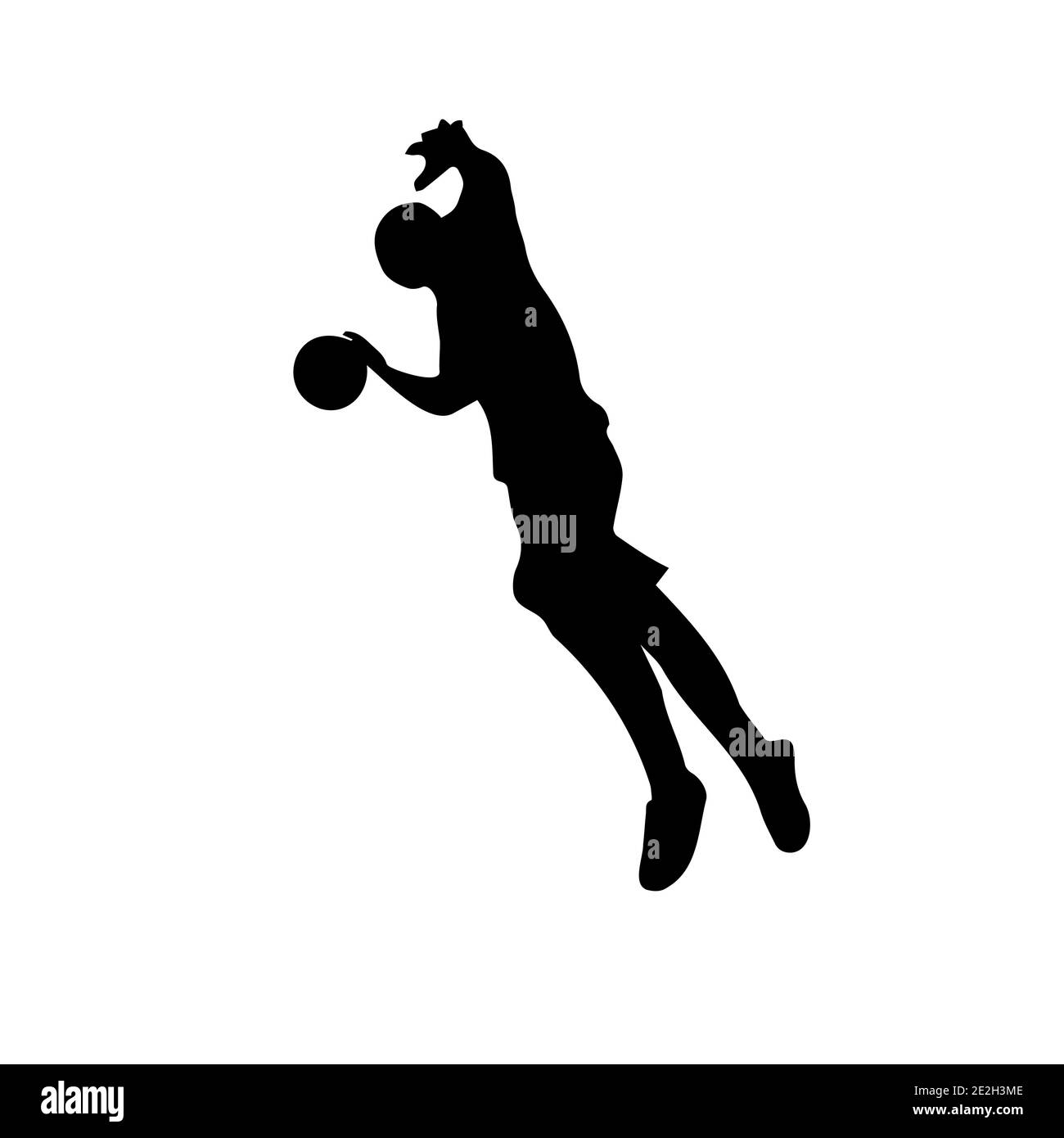 Silhouette del giocatore di basket con palla in attacco su un canestro da basket, vista a destra, immagine vettoriale Illustrazione Vettoriale