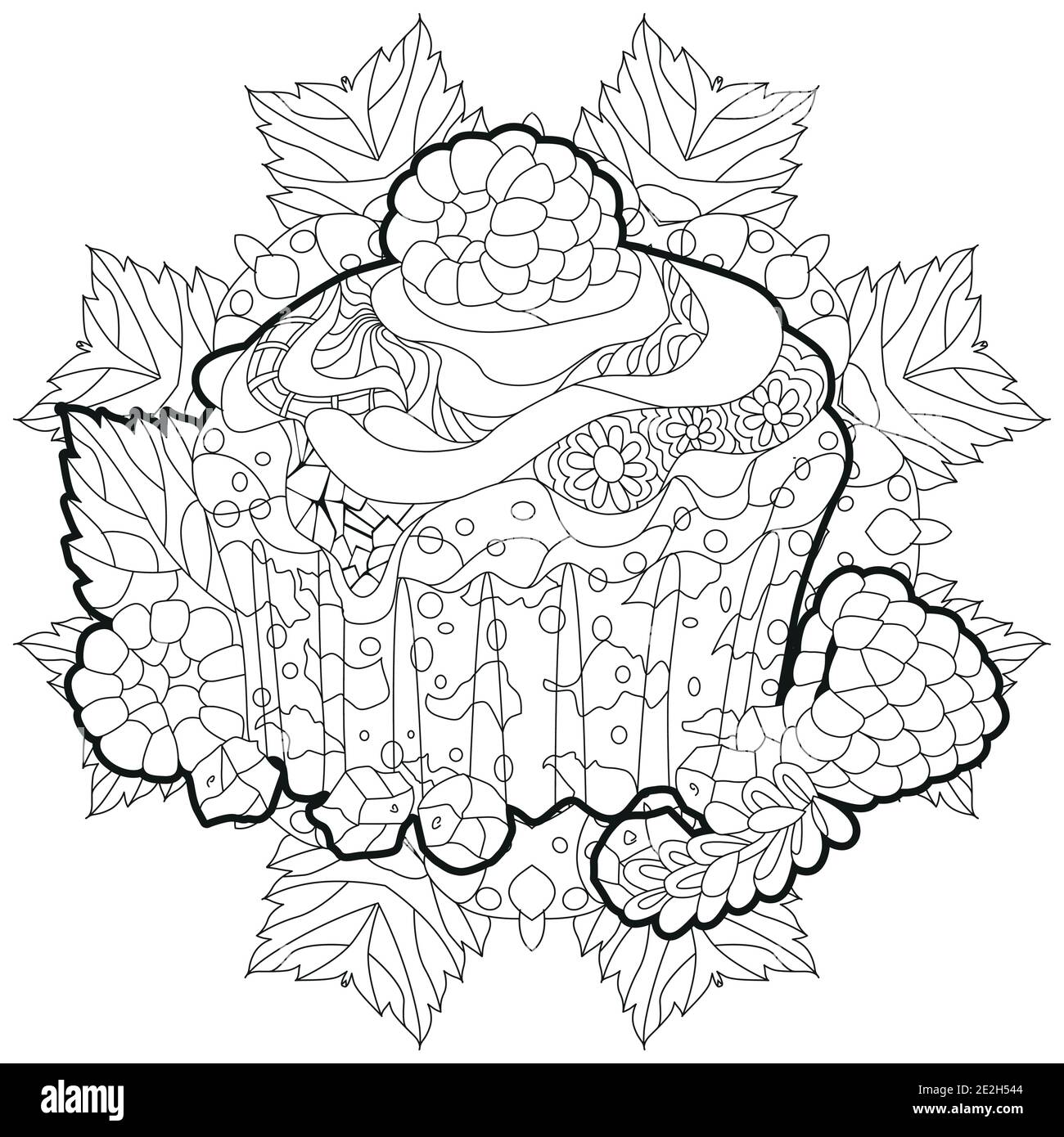 Cupcake vettoriale con cioccolato e lampone con ornamenti astratti per la colorazione. Illustrazione disegnata a mano per t-shirt in stile zentangle, doodle. Illustrazione Vettoriale