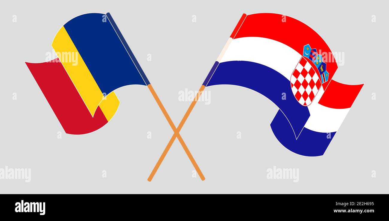 Bandiere incrociate e sventolanti della Croazia e della Romania. Illustrazione vettoriale Illustrazione Vettoriale