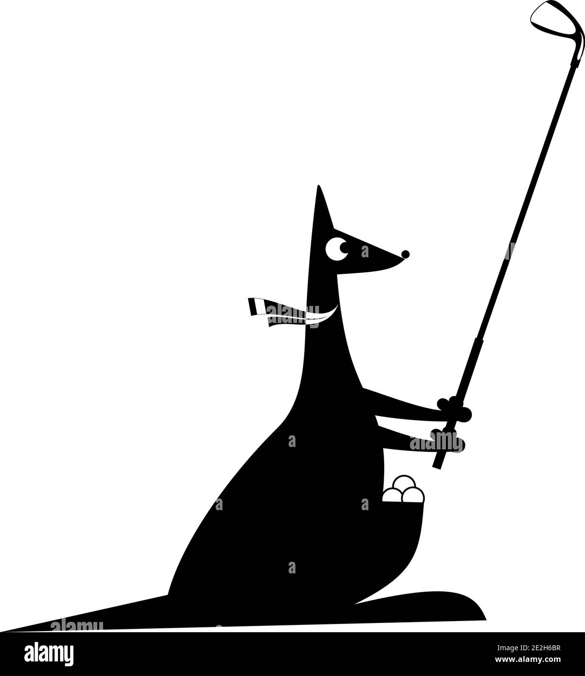 Il canguro del cartone animato gioca l'illustrazione di golf. Divertente canguro con un golf club e palline da golf nero su bianco Illustrazione Vettoriale