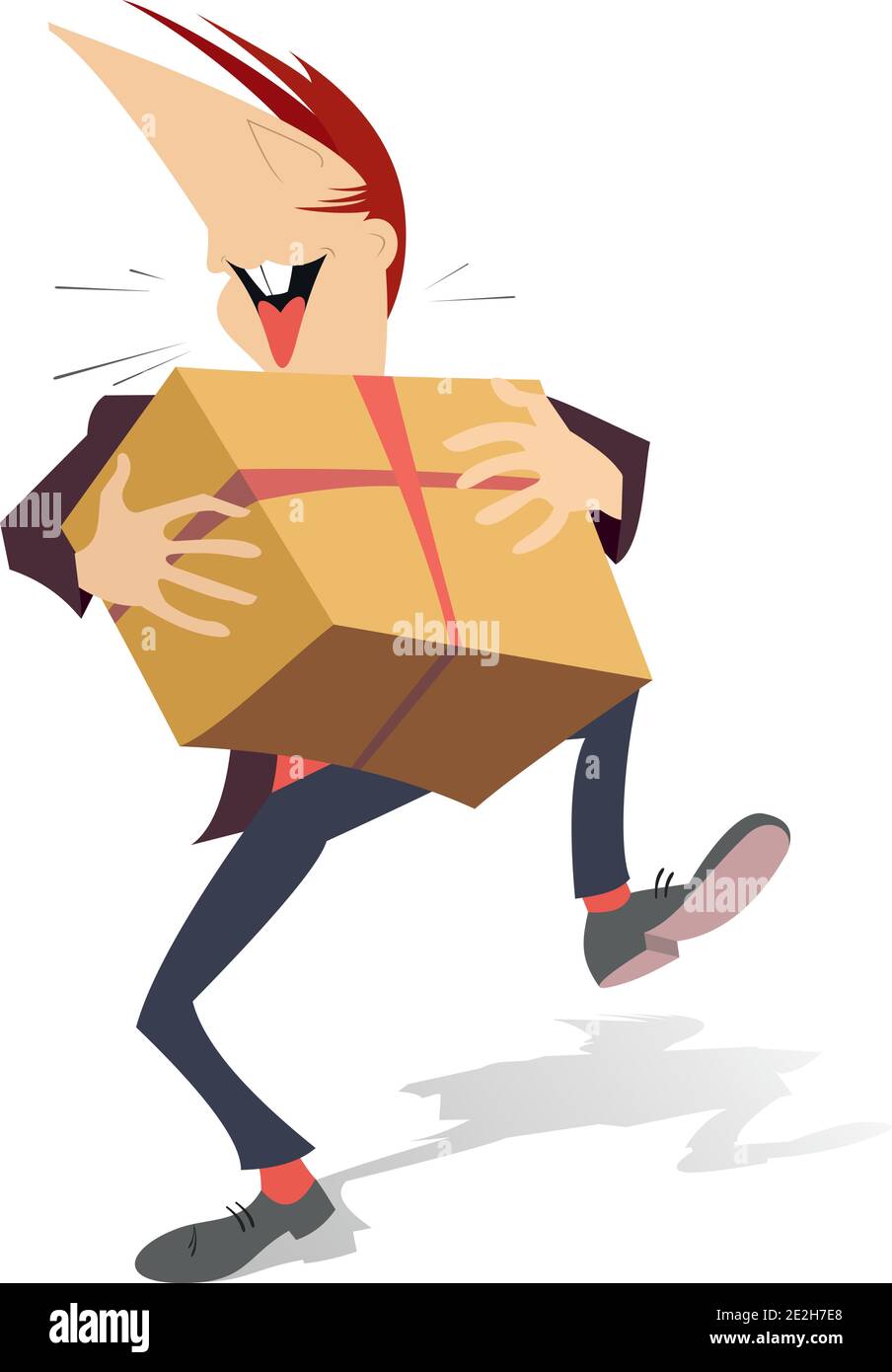 Giovane uomo che porta un'enorme scatola regalo con illustrazione del nastro rosso. Sorridente felice persona che festeggia compleanno o evento importante stile cartone animato isolato Illustrazione Vettoriale