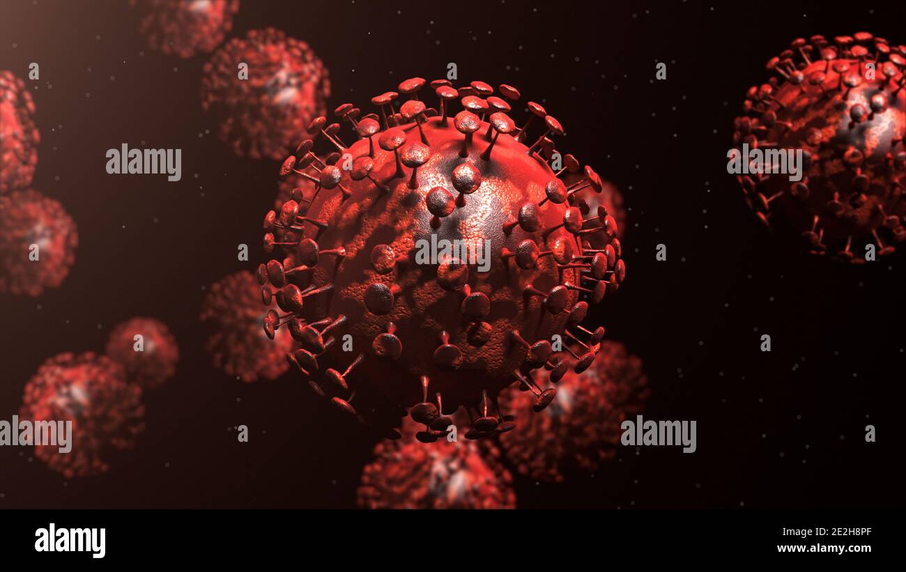 Cellule del virus COVID-19 al microscopio. Coronavirus Covid-19 epidemia di influenza isolato su sfondo bianco.Pandemic salute medica 3D render illu Foto Stock