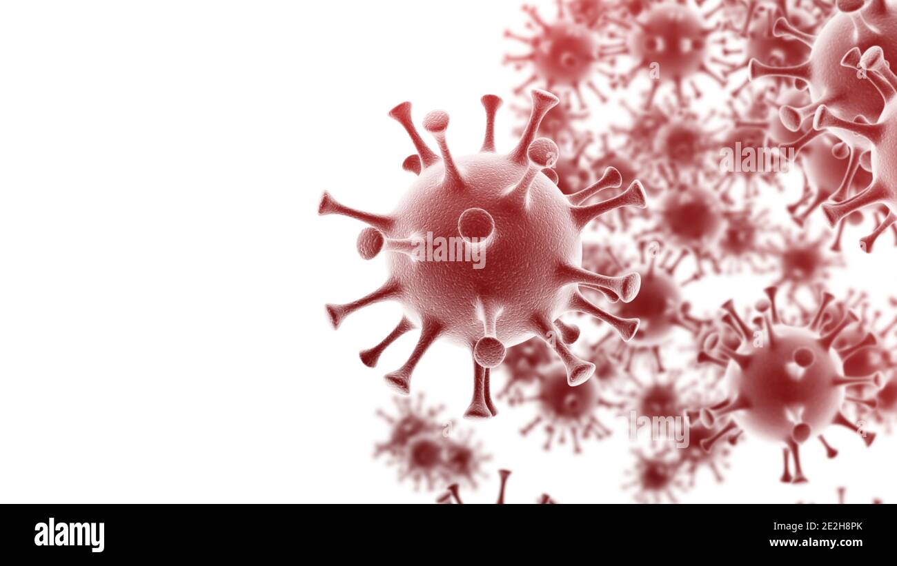 Particelle di cellule di coronavirus isolate su sfondo bianco. Concetto di microbiologia e virologia con spazio di copia Foto Stock