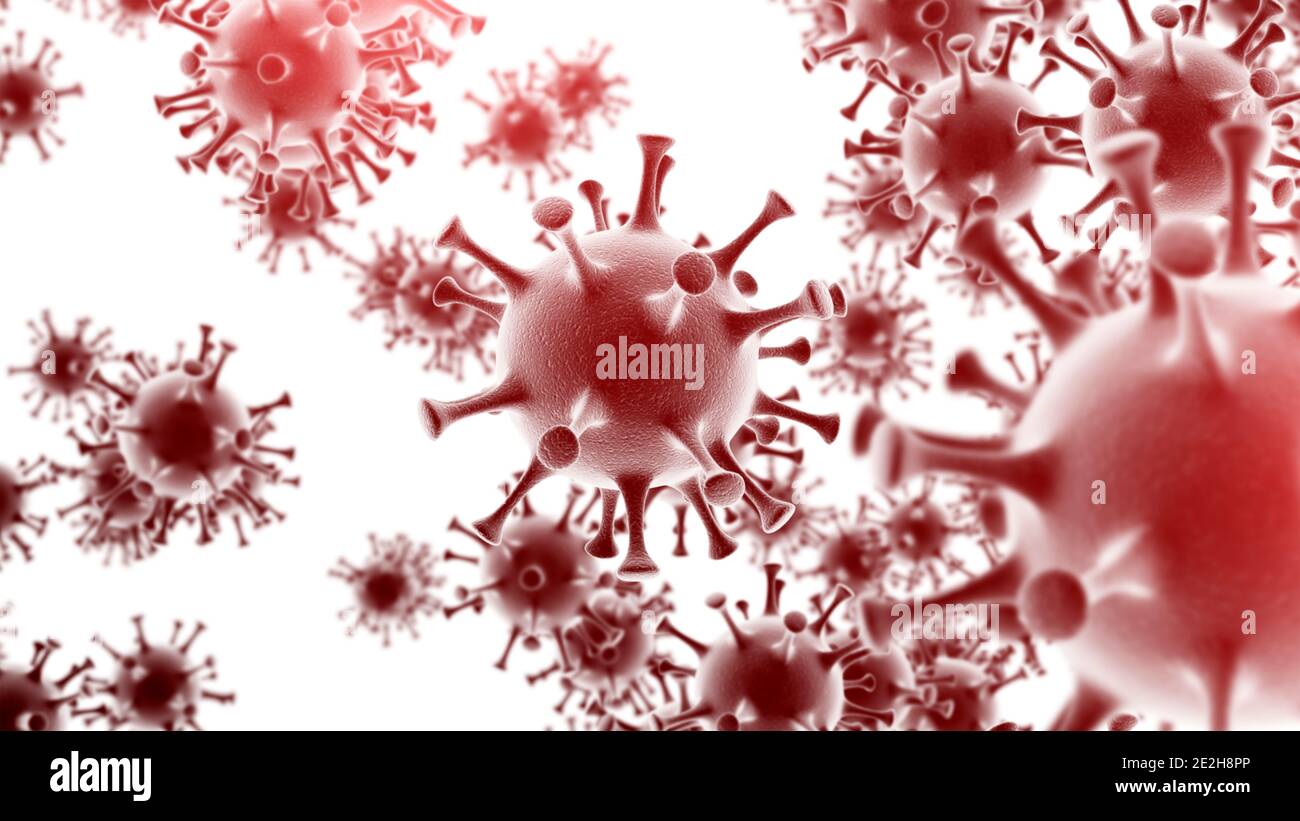 Cellule di coronavirus isolate su sfondo bianco. Concetto di microbiologia e virologia Foto Stock