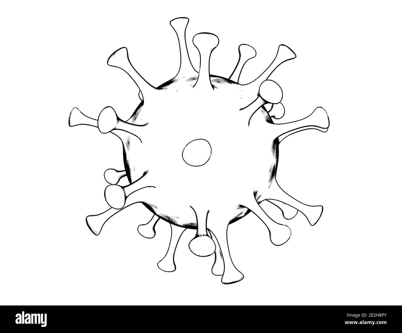 Disegno di cellule del virus isolato su sfondo bianco. Immagine 3D di Coronavirus Covid-19 Foto Stock