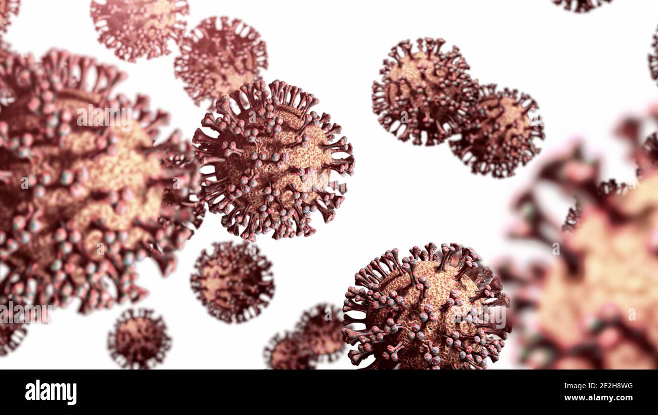 Focolaio di coronavirus e background influenzale ceppo influenzale Covild-19 isolato su sfondo bianco. Rendering 3D Foto Stock