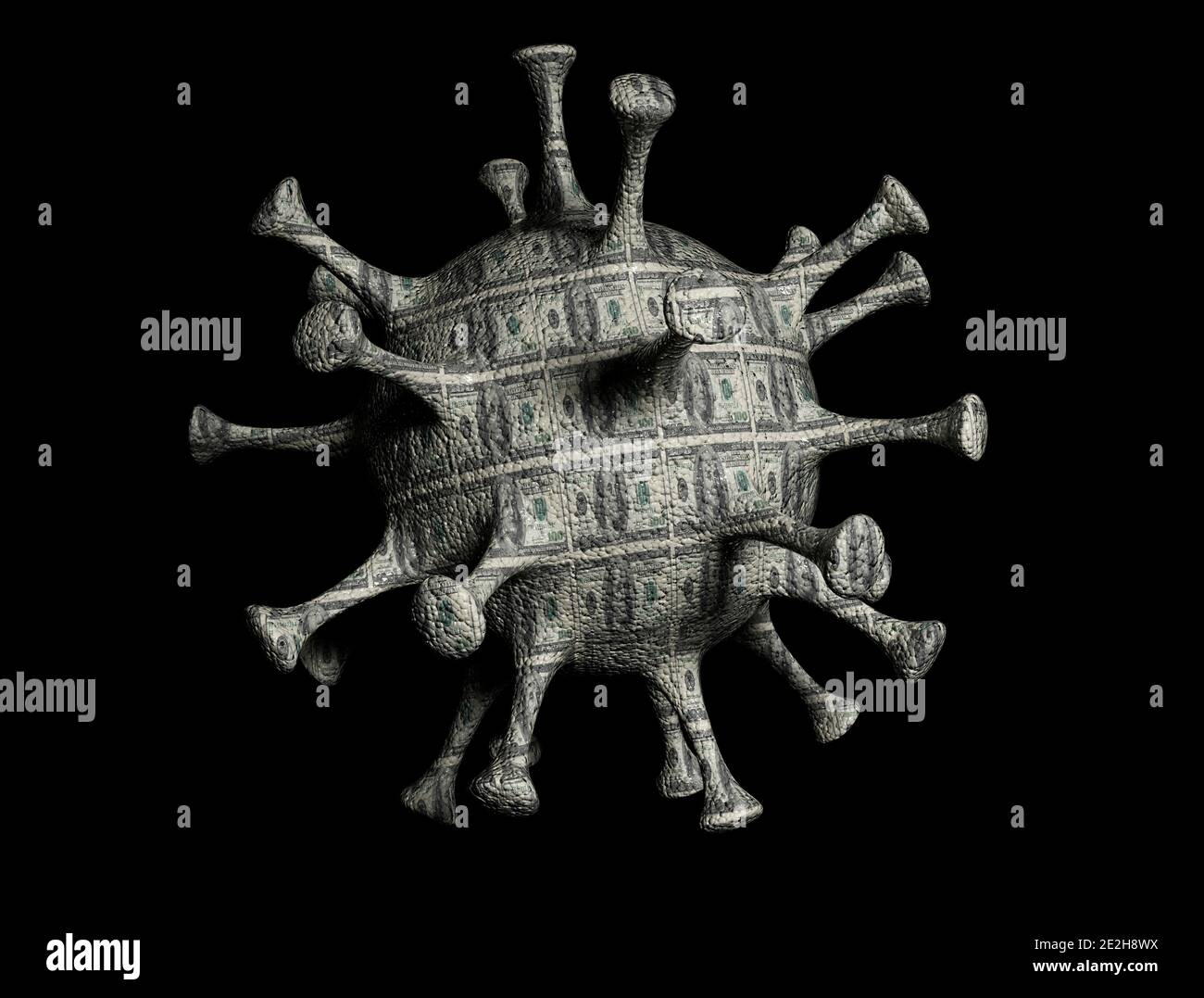 Virus con consistenza di denaro del dollaro USA. Isolato su sfondo bianco. Illustrazione 3D Foto Stock