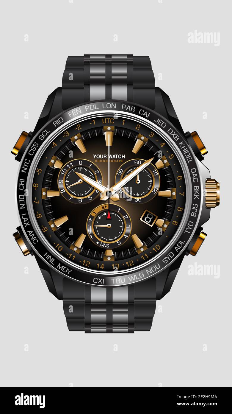 Orologio cronografo realistico nero acciaio oro numero lusso su sfondo bianco design per uomo su illustrazione vettoriale bianco. Illustrazione Vettoriale